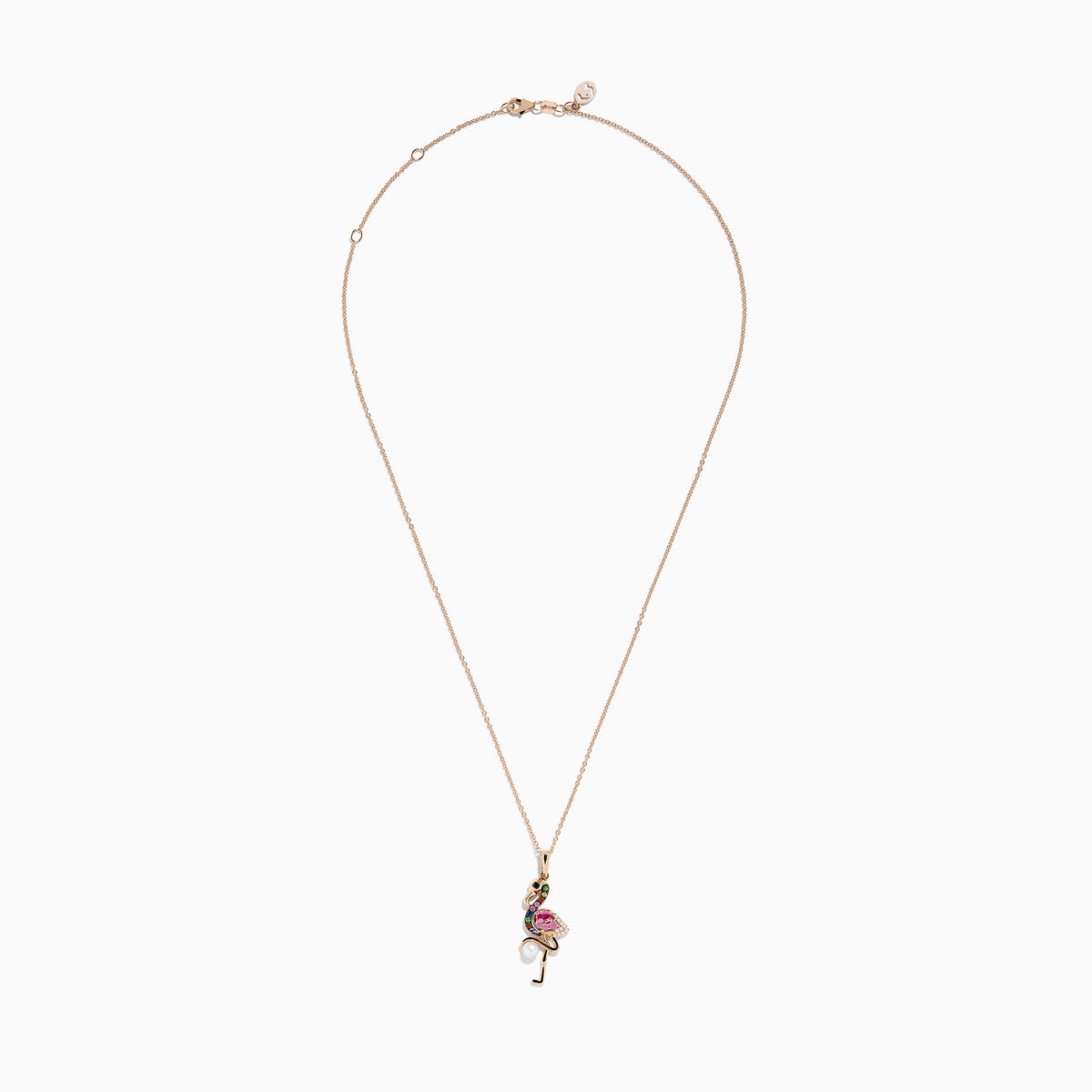 The 14K Rose Gold Multi Color Sapphire, Pearl and Diamond Flamingo Pendant necklace features a vibrant flamingo adorned with sapphires, a white pearl, and diamonds, set against a white background.