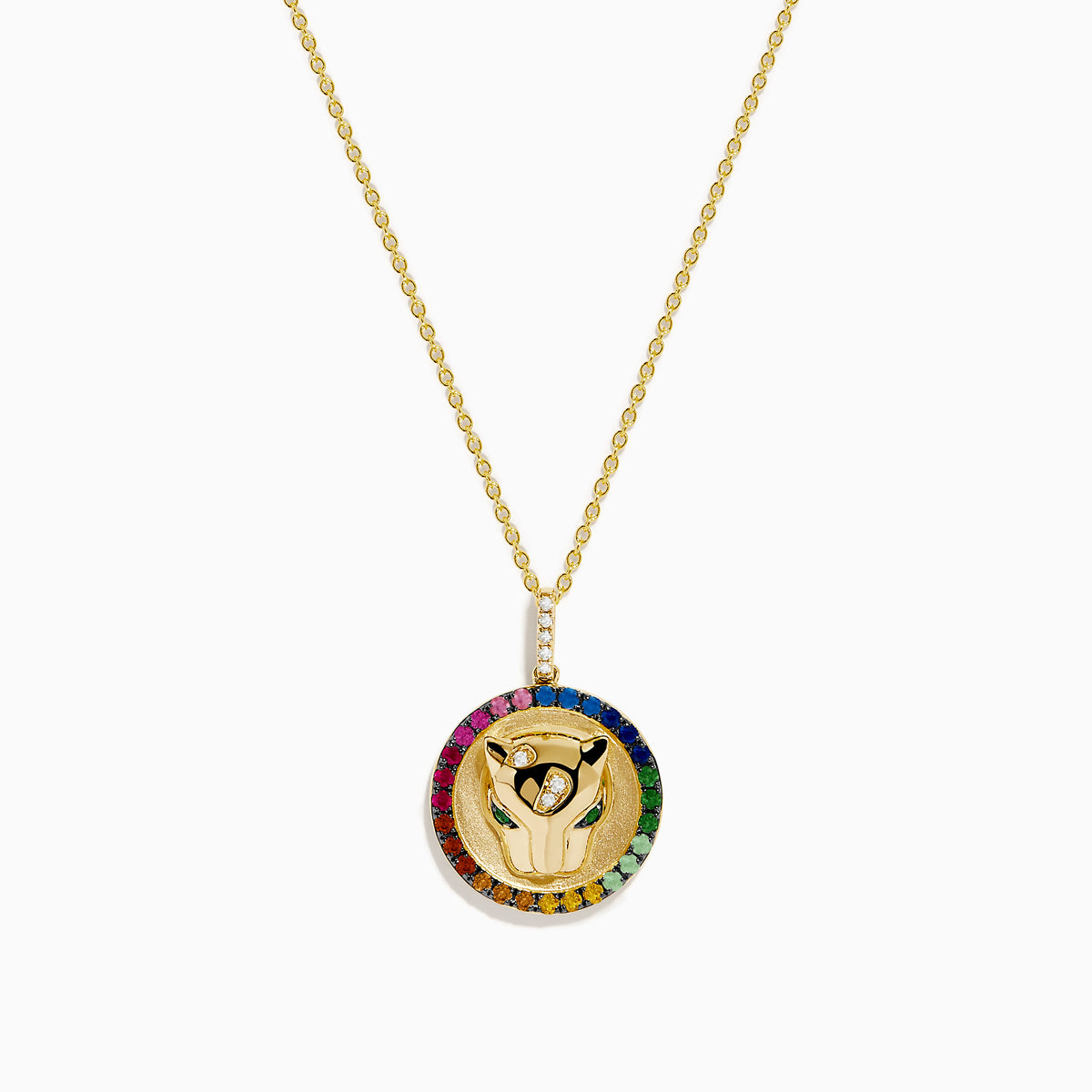 The 14K Yellow Gold Emerald Multi Sapphire and Diamond Panther Pendant features two hands holding a diamond, encircled by multi sapphires, on a delicate gold chain, reminiscent of a panther design.