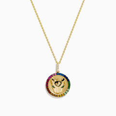 The 14K Yellow Gold Emerald Multi Sapphire and Diamond Panther Pendant features two hands holding a diamond, encircled by multi sapphires, on a delicate gold chain, reminiscent of a panther design.