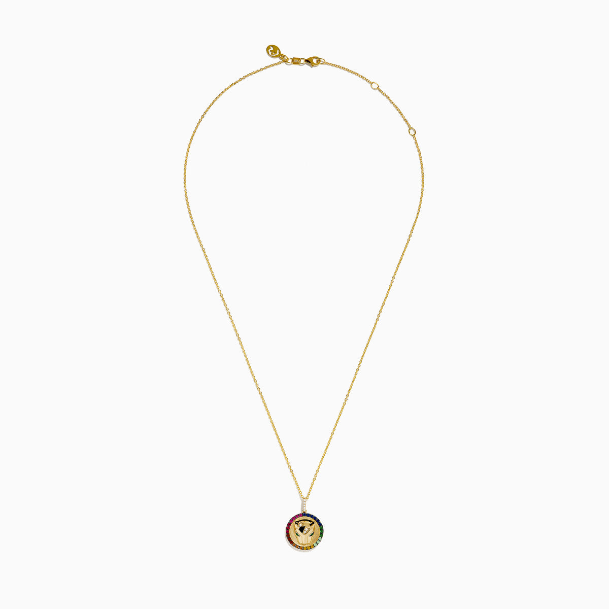The 14K Yellow Gold Emerald Multi Sapphire and Diamond Panther Pendant features two hands holding a diamond, encircled by multi sapphires, on a delicate gold chain, reminiscent of a panther design.