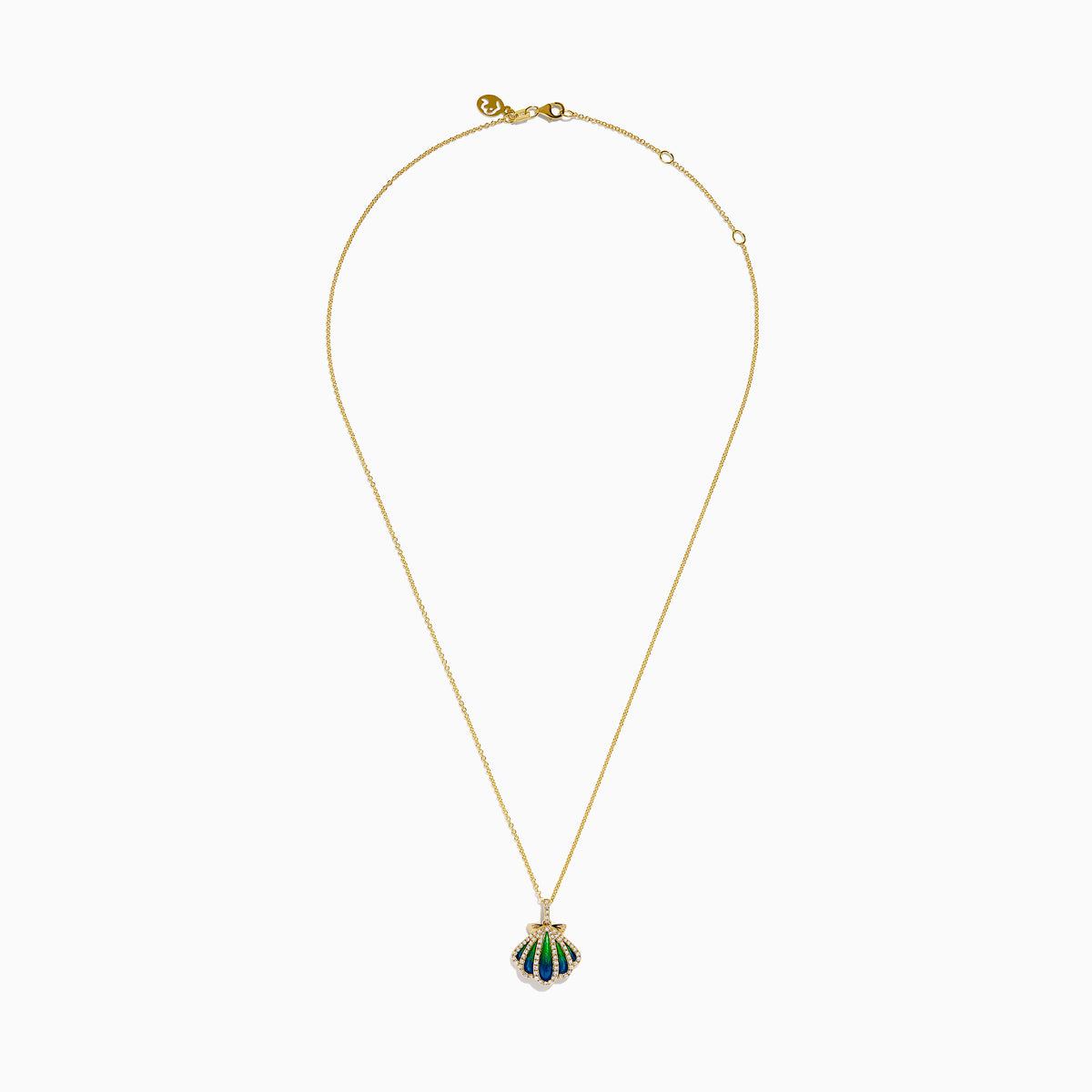 The 14K Yellow Gold Diamond and Enamel Scallop Shell Pendant features blue and green enamel with sparkling diamond accents, offering an elegant touch in a timeless scallop shell design.