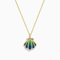 The 14K Yellow Gold Diamond and Enamel Scallop Shell Pendant features blue and green enamel with sparkling diamond accents, offering an elegant touch in a timeless scallop shell design.