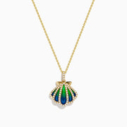 The 14K Yellow Gold Diamond and Enamel Scallop Shell Pendant features blue and green enamel with sparkling diamond accents, offering an elegant touch in a timeless scallop shell design.