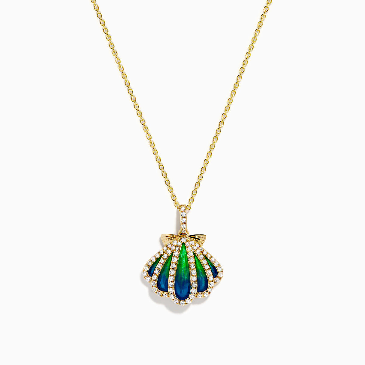 The 14K Yellow Gold Diamond and Enamel Scallop Shell Pendant features blue and green enamel with sparkling diamond accents, offering an elegant touch in a timeless scallop shell design.