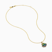 The 14K Yellow Gold Diamond and Enamel Scallop Shell Pendant features blue and green enamel with sparkling diamond accents, offering an elegant touch in a timeless scallop shell design.