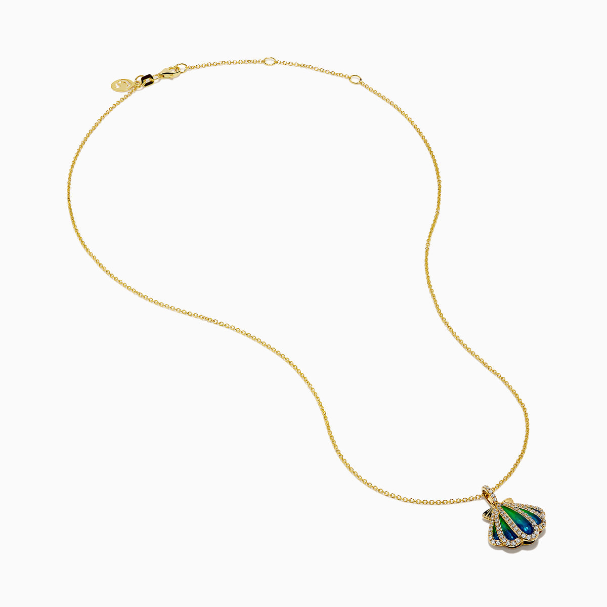 The 14K Yellow Gold Diamond and Enamel Scallop Shell Pendant features blue and green enamel with sparkling diamond accents, offering an elegant touch in a timeless scallop shell design.