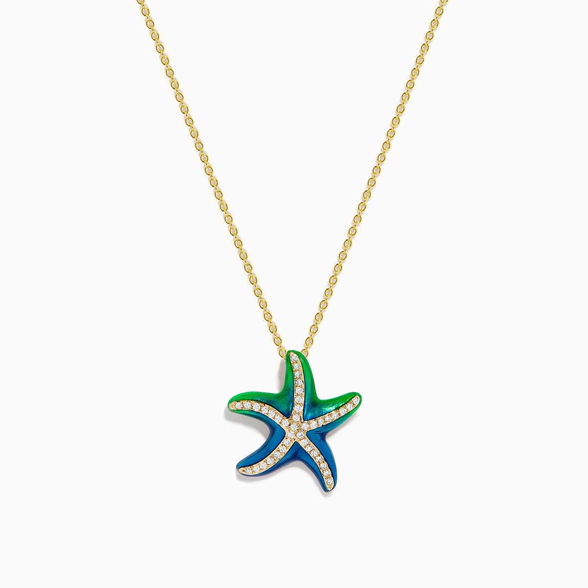 The 14K Yellow Gold Diamond and Enamel Starfish Pendant features green and blue enamel sections on each arm, accented by white diamonds, hanging from a yellow gold chain against a plain white background.
