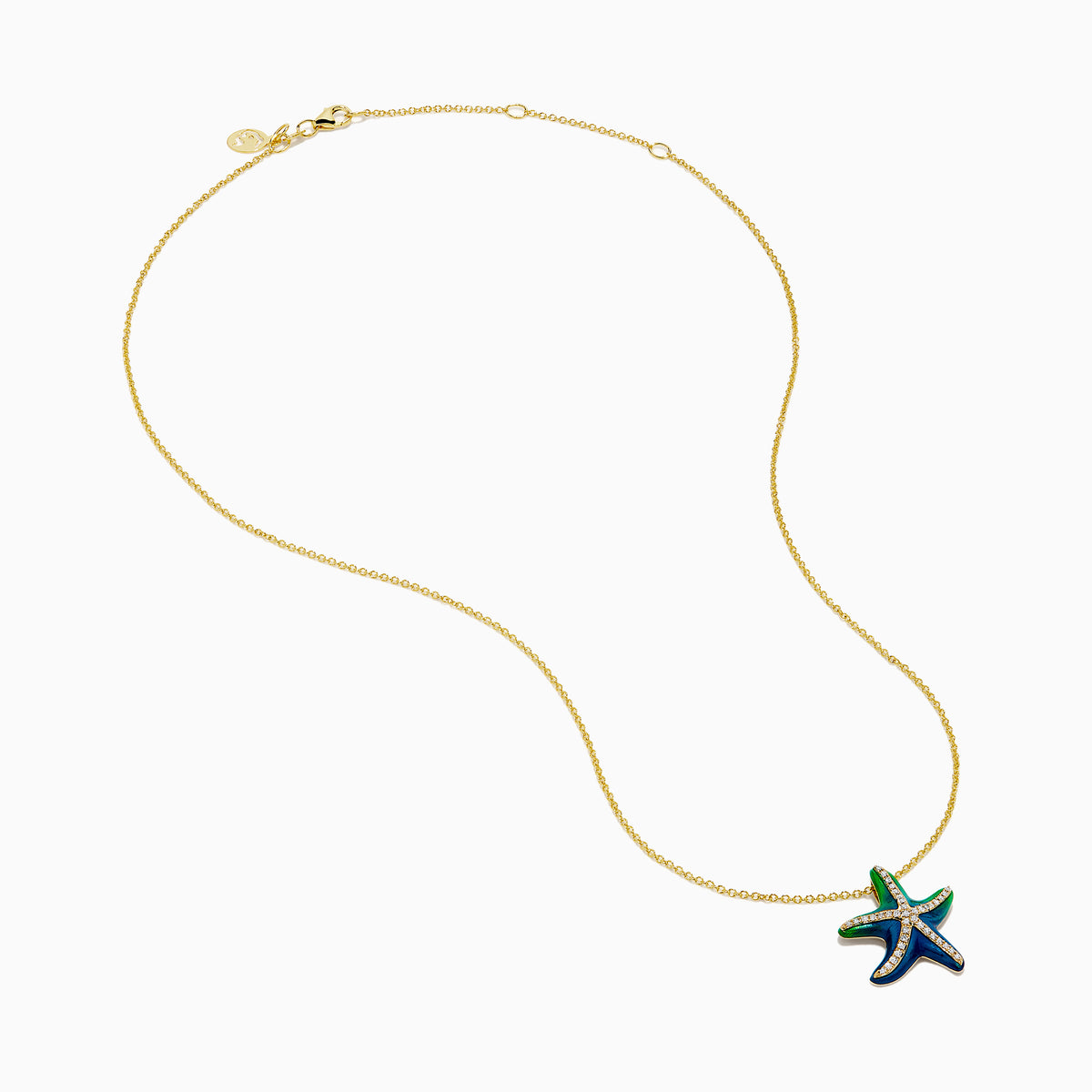 The 14K Yellow Gold Diamond and Enamel Starfish Pendant features green and blue enamel sections on each arm, accented by white diamonds, hanging from a yellow gold chain against a plain white background.