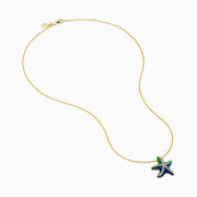 The 14K Yellow Gold Diamond and Enamel Starfish Pendant features green and blue enamel sections on each arm, accented by white diamonds, hanging from a yellow gold chain against a plain white background.