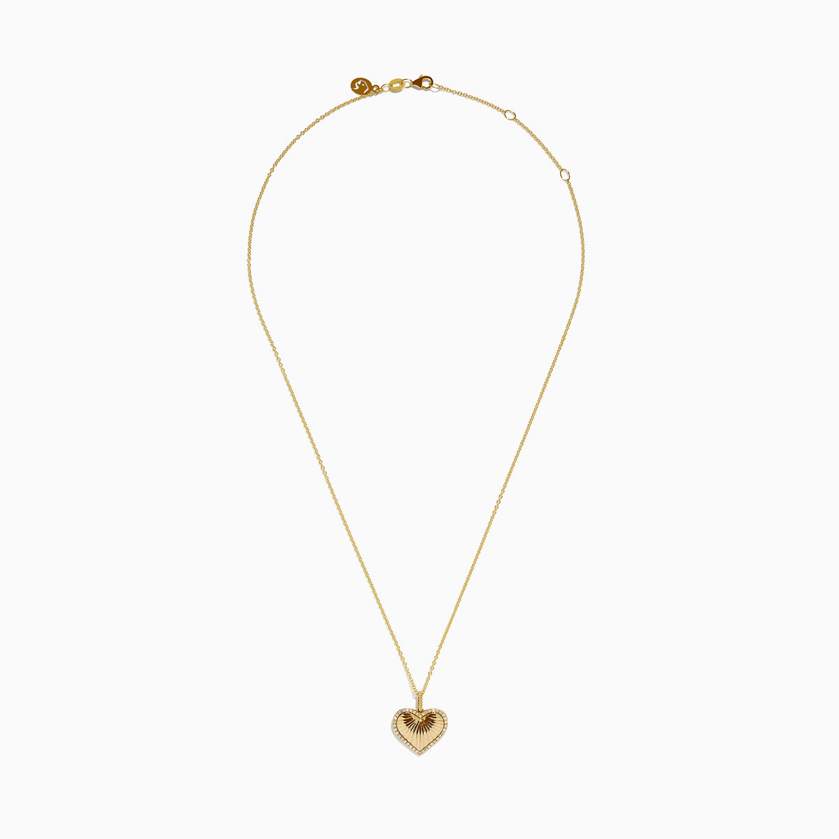 The Novelty 14K Yellow Gold Diamond Heart Pendant features a sunburst diamond design with a sparkling border, shown on a plain white background. A unique addition to any jewelry collection.
