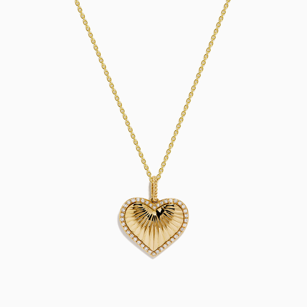 The Novelty 14K Yellow Gold Diamond Heart Pendant features a sunburst diamond design with a sparkling border, shown on a plain white background. A unique addition to any jewelry collection.