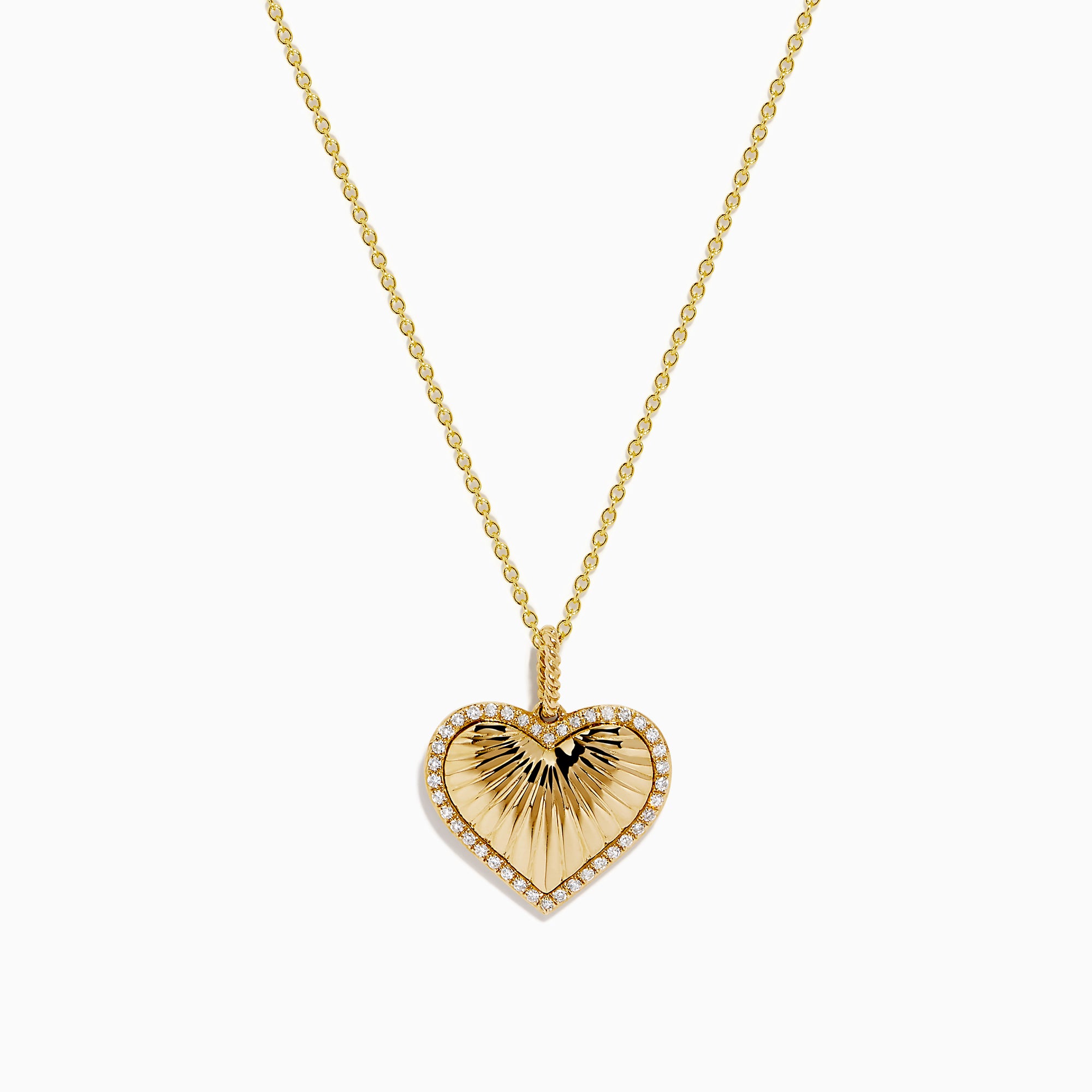 The Novelty 14K Yellow Gold Diamond Heart Pendant features a sunburst diamond design with a sparkling border, shown on a plain white background. A unique addition to any jewelry collection.