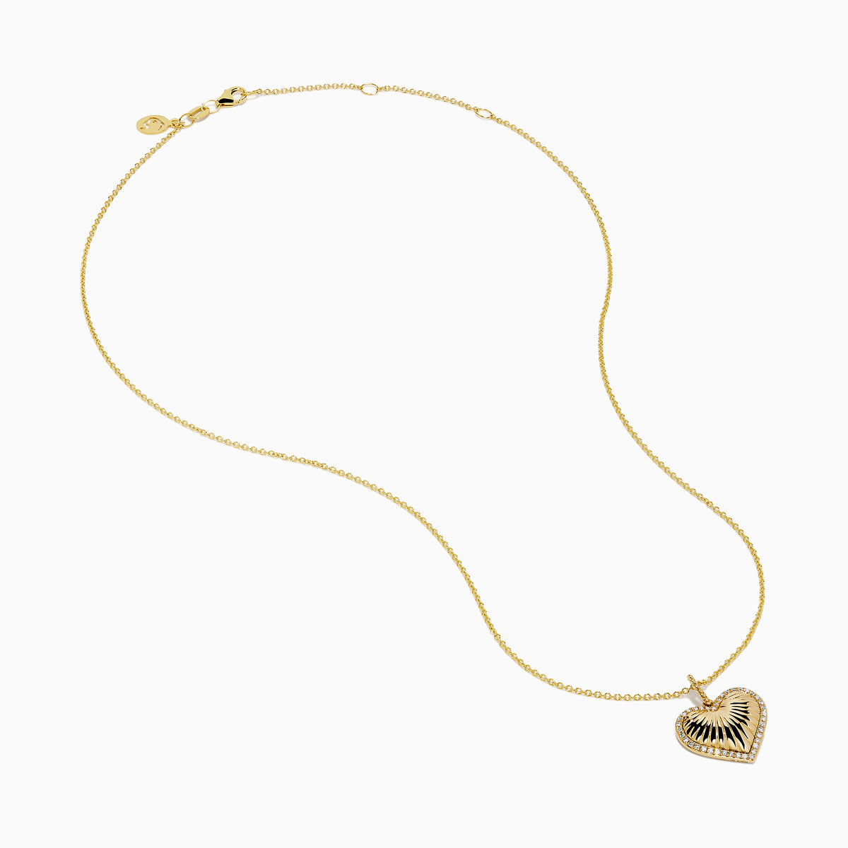 The Novelty 14K Yellow Gold Diamond Heart Pendant features a sunburst diamond design with a sparkling border, shown on a plain white background. A unique addition to any jewelry collection.