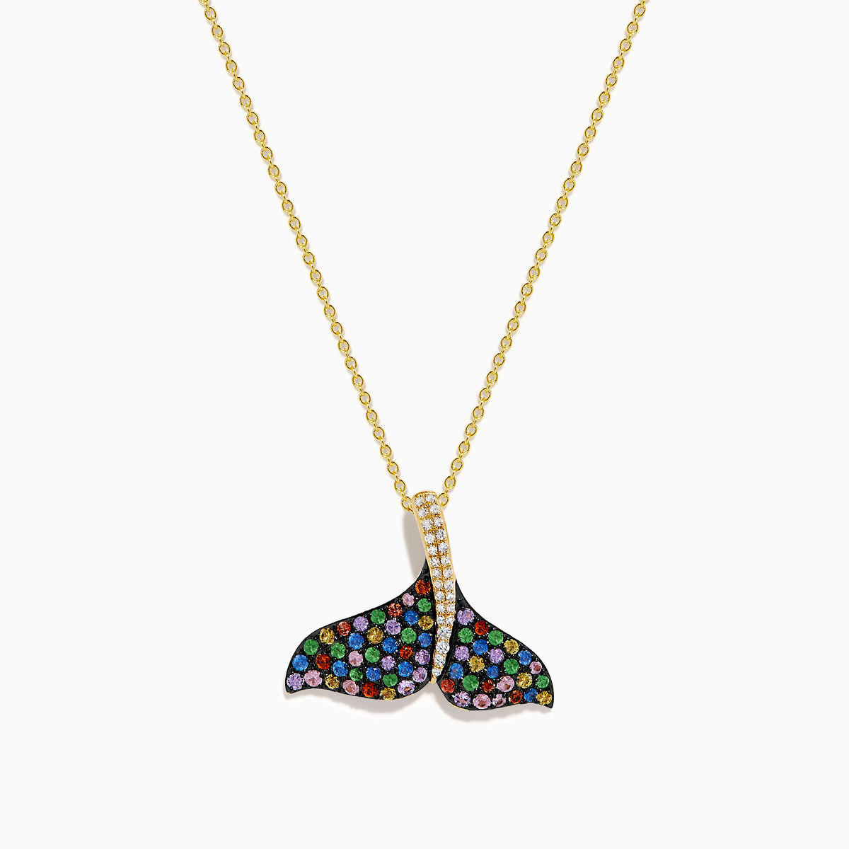 Watercolors 14K Yellow Gold Multi Sapphire and Diamond Whale Tail Pendant