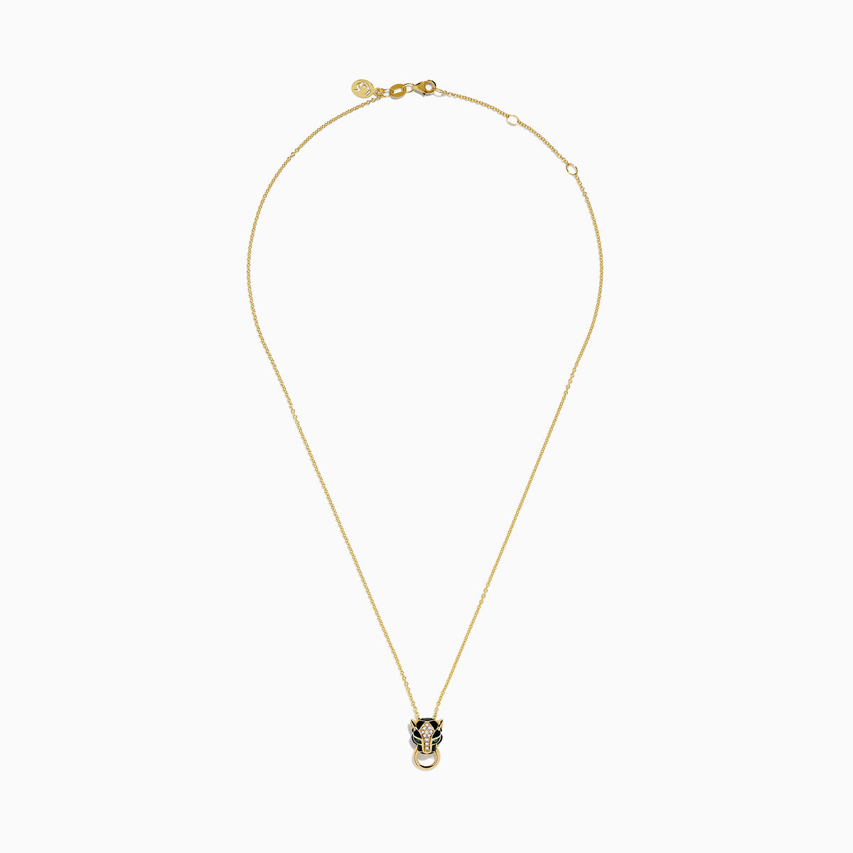 The Signature 14K Yellow Gold Diamond and Rhodium Panther Pendant features black and green details and a circular gold ring in the panther’s mouth.