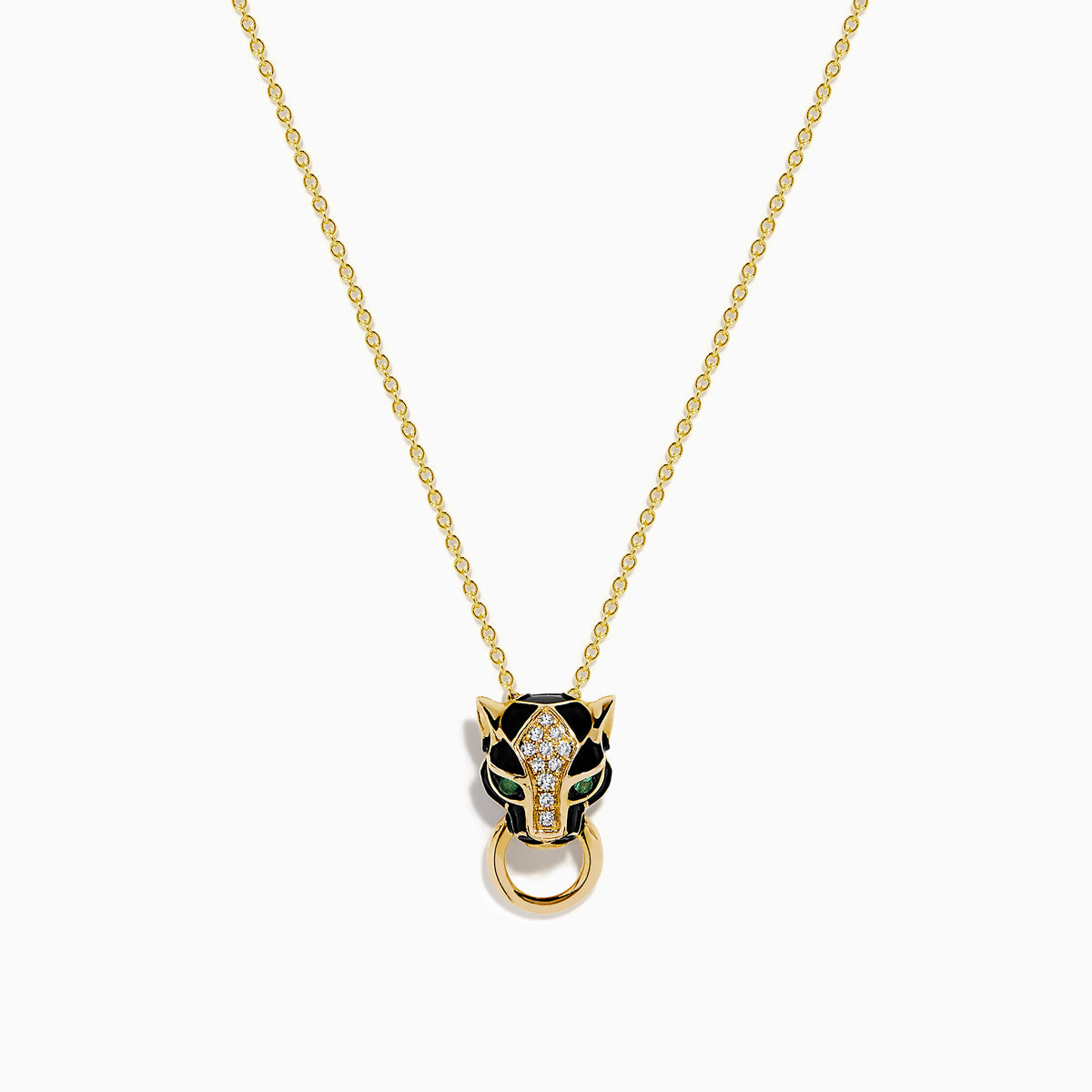 The Signature 14K Yellow Gold Diamond and Rhodium Panther Pendant features black and green details and a circular gold ring in the panther’s mouth.
