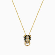 The Signature 14K Yellow Gold Diamond and Rhodium Panther Pendant features black and green details and a circular gold ring in the panther’s mouth.