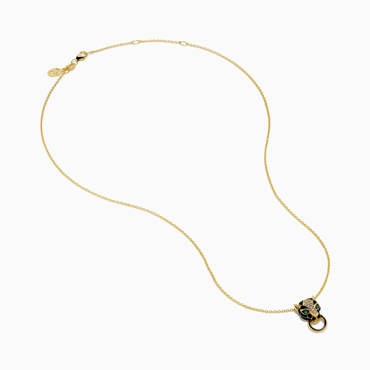 The Signature 14K Yellow Gold Diamond and Rhodium Panther Pendant features black and green details and a circular gold ring in the panther’s mouth.