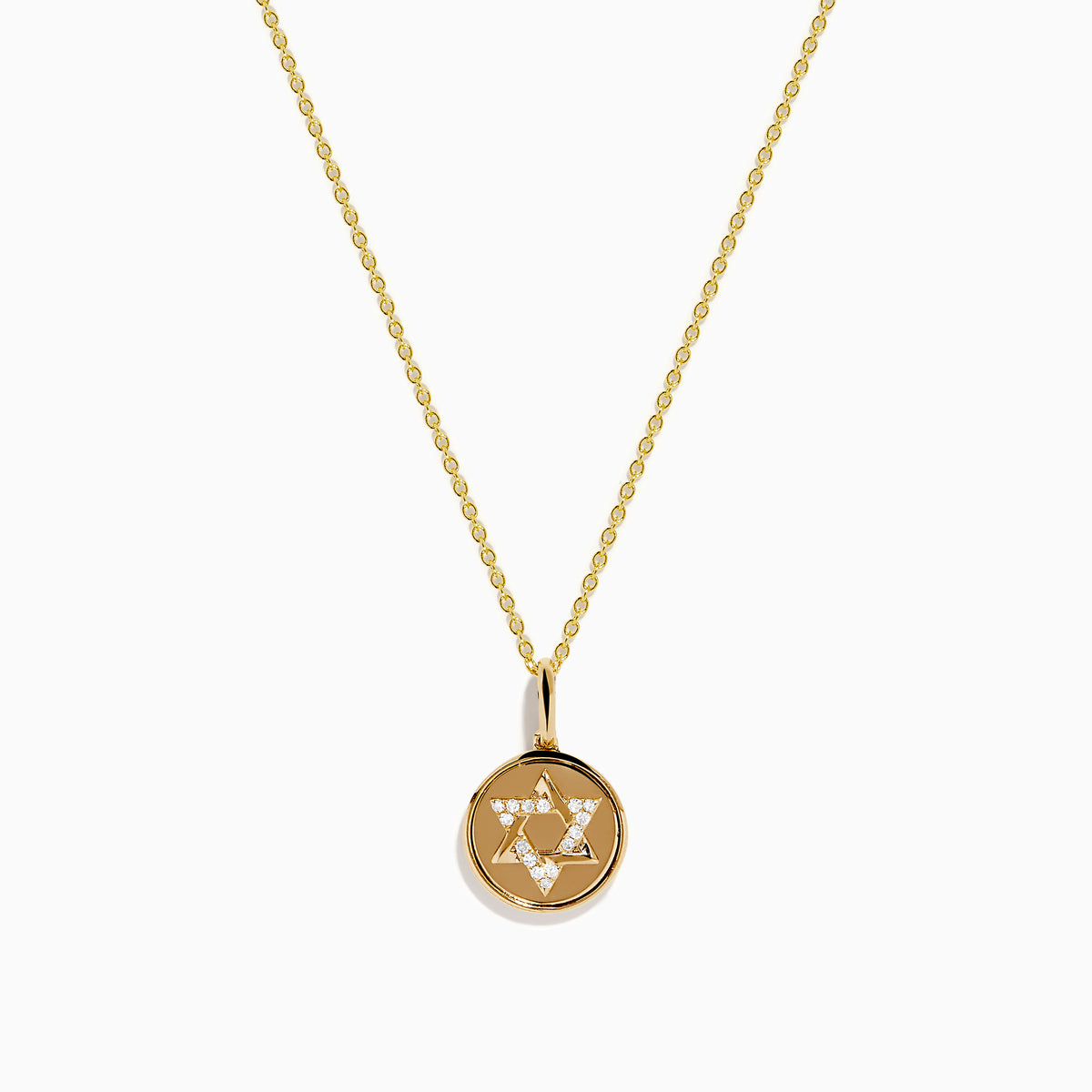 The 14K Yellow Gold Diamond Star of David Pendant features a round pendant adorned with sparkling diamonds, hanging from a delicate gold chain and showcased against a white background.
