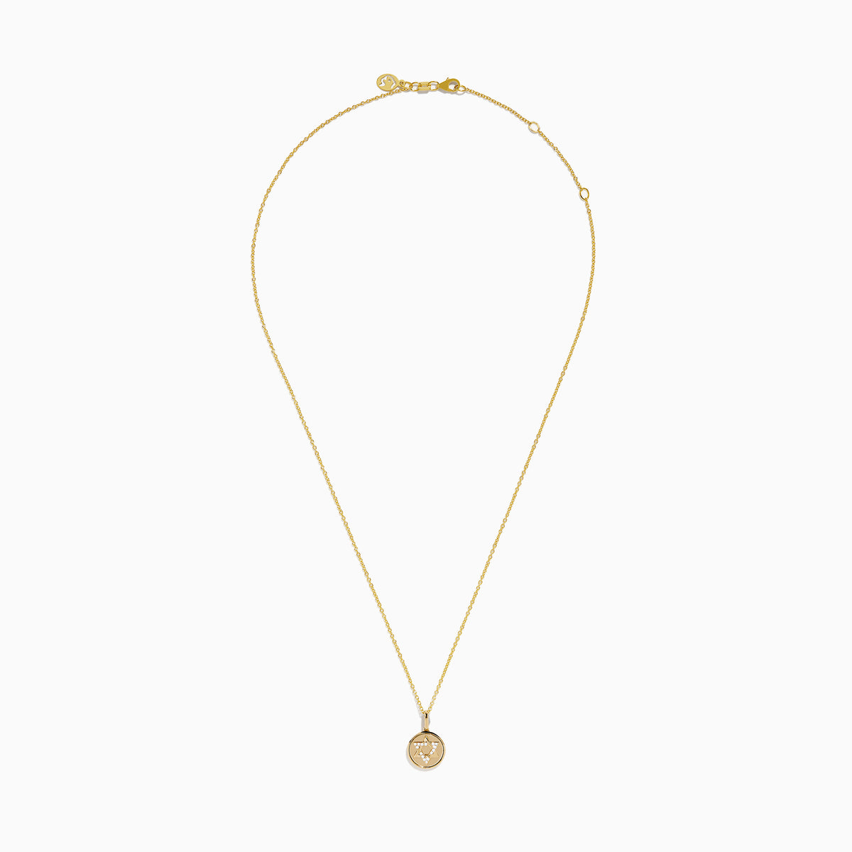The 14K Yellow Gold Diamond Star of David Pendant features a round pendant adorned with sparkling diamonds, hanging from a delicate gold chain and showcased against a white background.