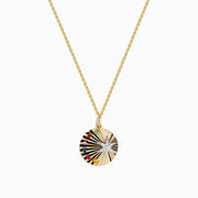 The Watercolors 14K Two Tone Gold Multi Sapphire and Diamond Star Burst Pendant features a central diamond, sapphire accents on one side, and hangs from a delicate two tone gold chain.