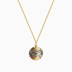 The Watercolors 14K Two Tone Gold Multi Sapphire and Diamond Star Burst Pendant features a central diamond, sapphire accents on one side, and hangs from a delicate two tone gold chain.