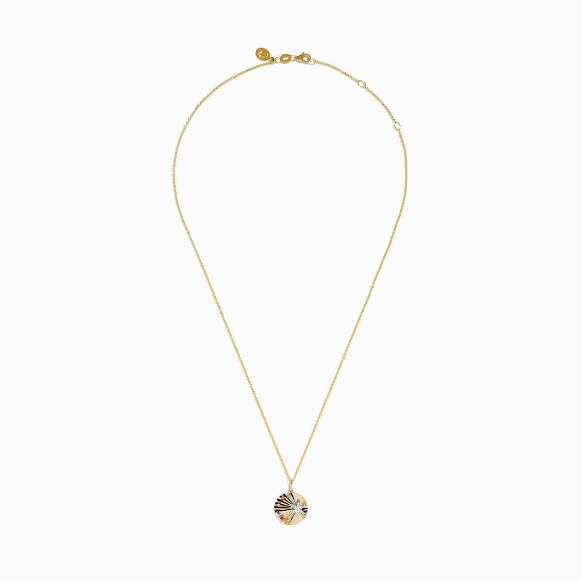 The Watercolors 14K Two Tone Gold Multi Sapphire and Diamond Star Burst Pendant features a central diamond, sapphire accents on one side, and hangs from a delicate two tone gold chain.