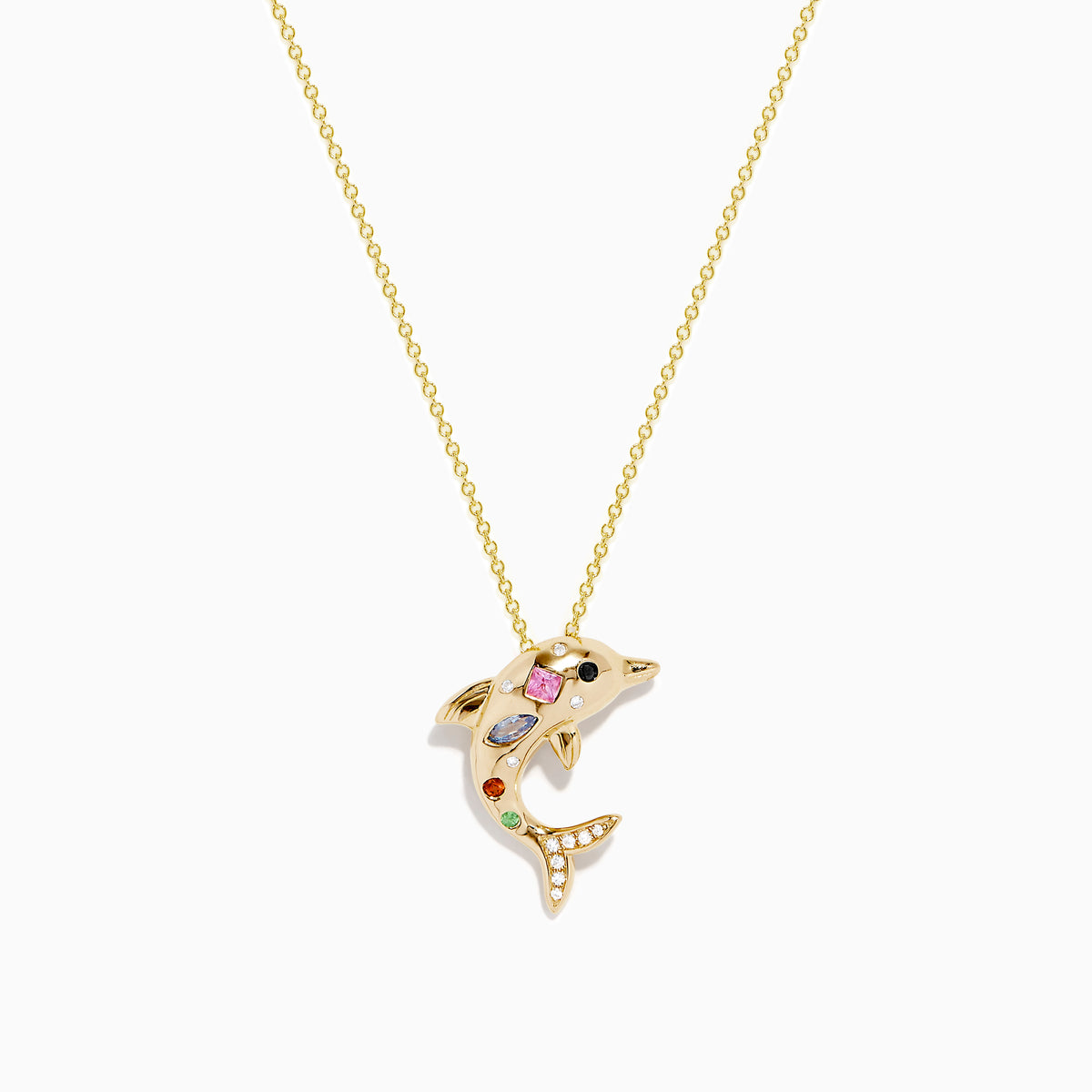 Seaside 14K Yellow Gold Multi Sapphire and Diamond Dolphin Pendant displayed on a plain white background.