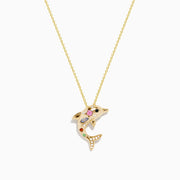 Seaside 14K Yellow Gold Multi Sapphire and Diamond Dolphin Pendant displayed on a plain white background.