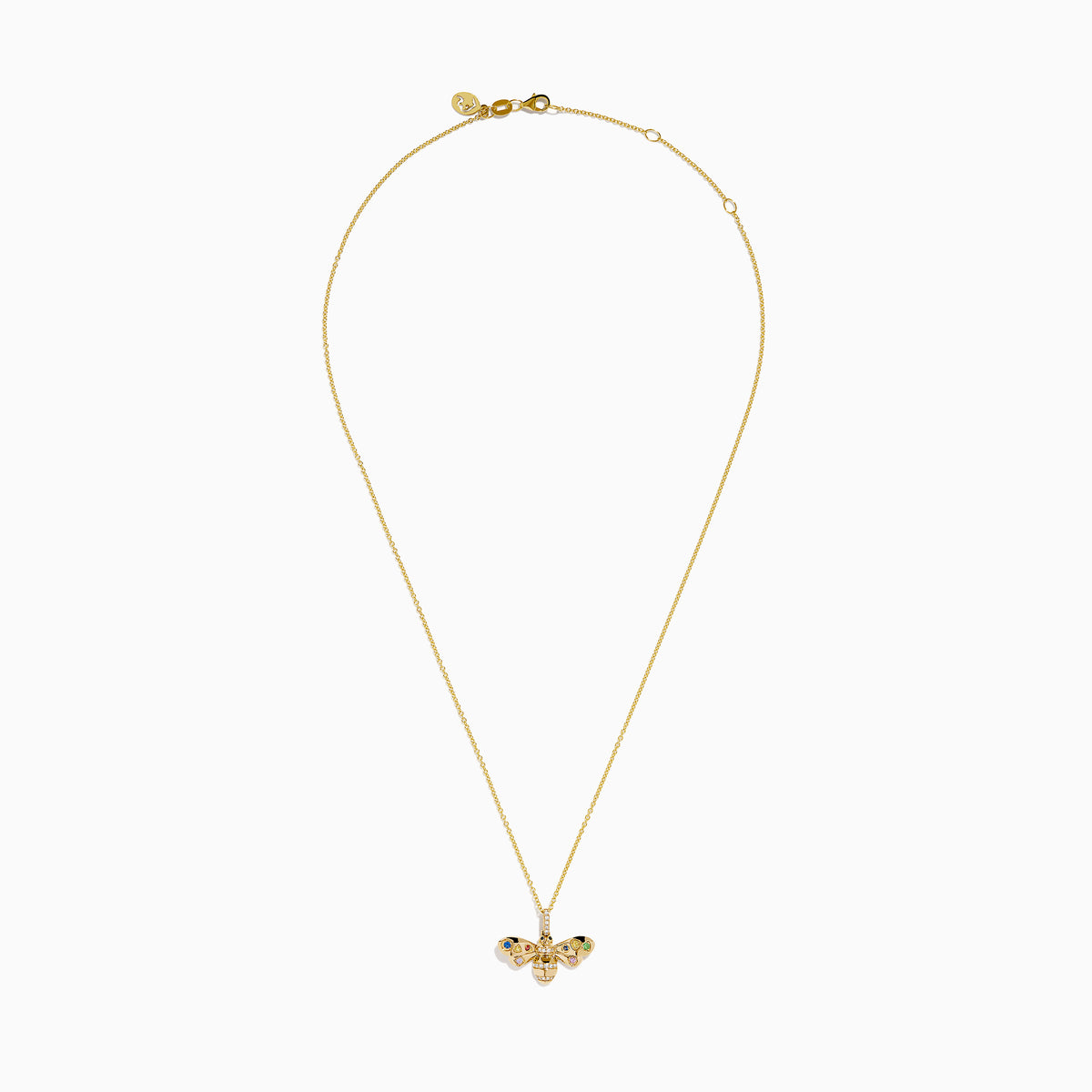 The Watercolors 14K Yellow Gold Multi Sapphire and Diamond Bee Pendant features a bee-shaped design with colorful sapphires on the wings and diamonds on the body, shown against a plain white background.