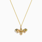 The Watercolors 14K Yellow Gold Multi Sapphire and Diamond Bee Pendant features a bee-shaped design with colorful sapphires on the wings and diamonds on the body, shown against a plain white background.