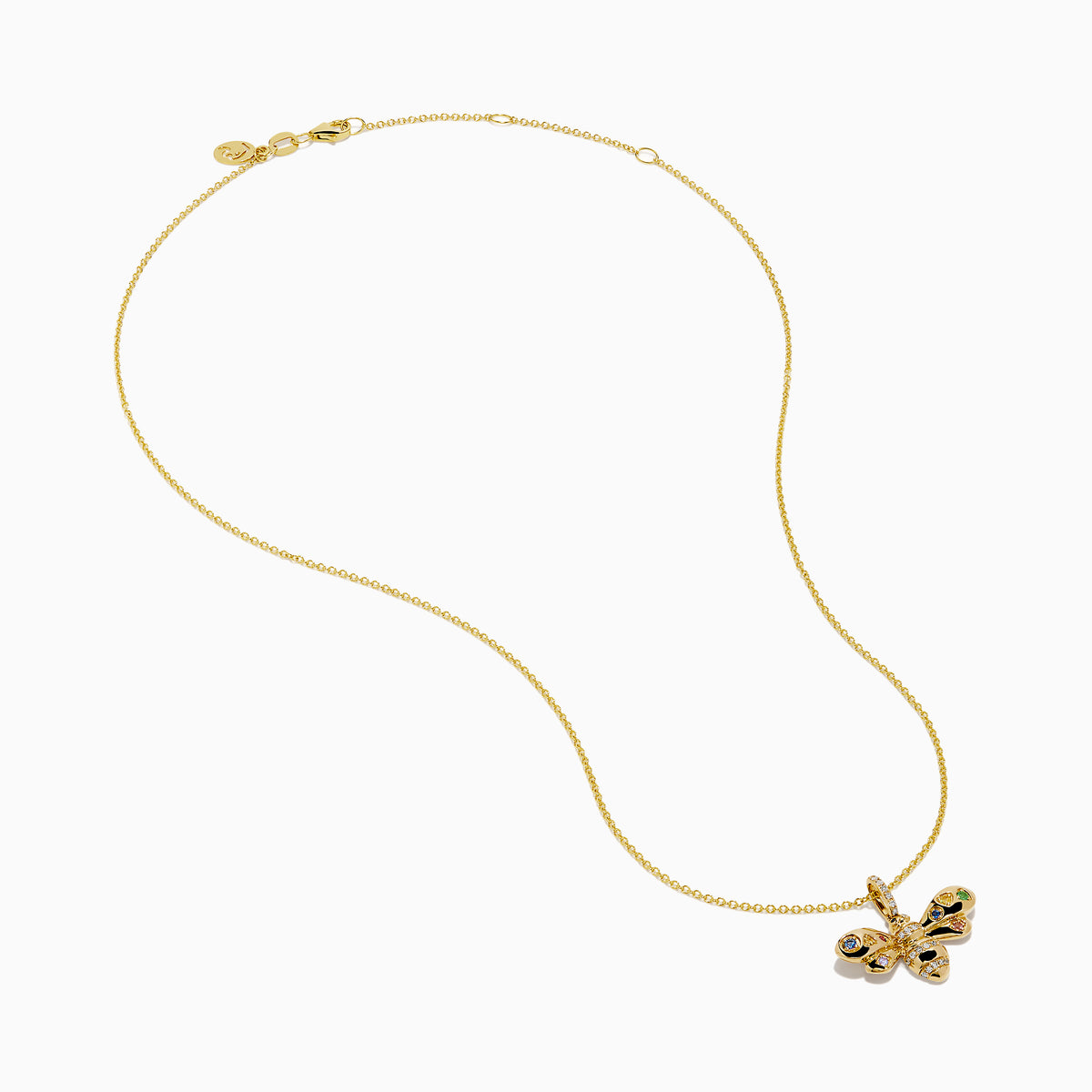 The Watercolors 14K Yellow Gold Multi Sapphire and Diamond Bee Pendant features a bee-shaped design with colorful sapphires on the wings and diamonds on the body, shown against a plain white background.