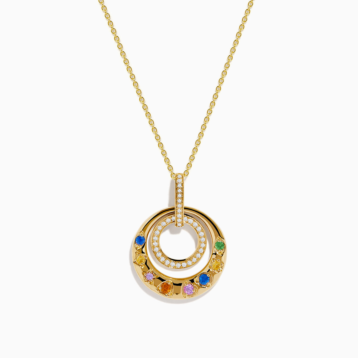 The Watercolors 14K Yellow Gold Multi Color Sapphire and Diamond Pendant features small diamonds and multicolor sapphires set in an outer ring, hanging from a fine yellow gold chain.