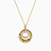 The Watercolors 14K Yellow Gold Multi Color Sapphire and Diamond Pendant features small diamonds and multicolor sapphires set in an outer ring, hanging from a fine yellow gold chain.