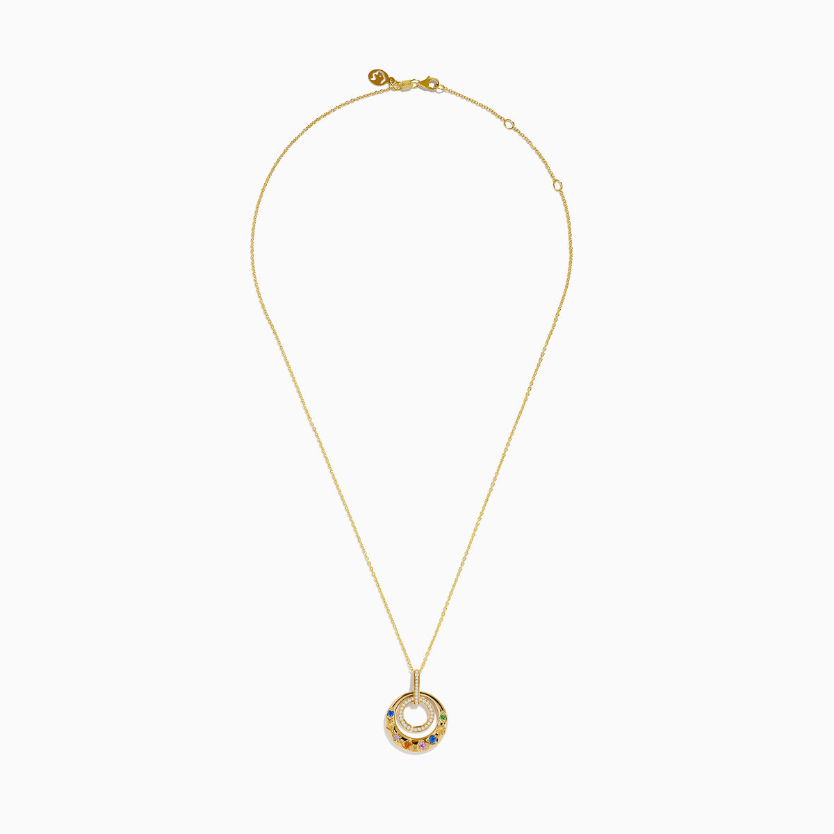 The Watercolors 14K Yellow Gold Multi Color Sapphire and Diamond Pendant features small diamonds and multicolor sapphires set in an outer ring, hanging from a fine yellow gold chain.