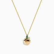 The Nature 14K Yellow Gold Tsavorite and Diamond Apple Pendant features a chain, apple-shaped pendant with a tsavorite green leaf and diamond detail above the apple, displayed on a white background.