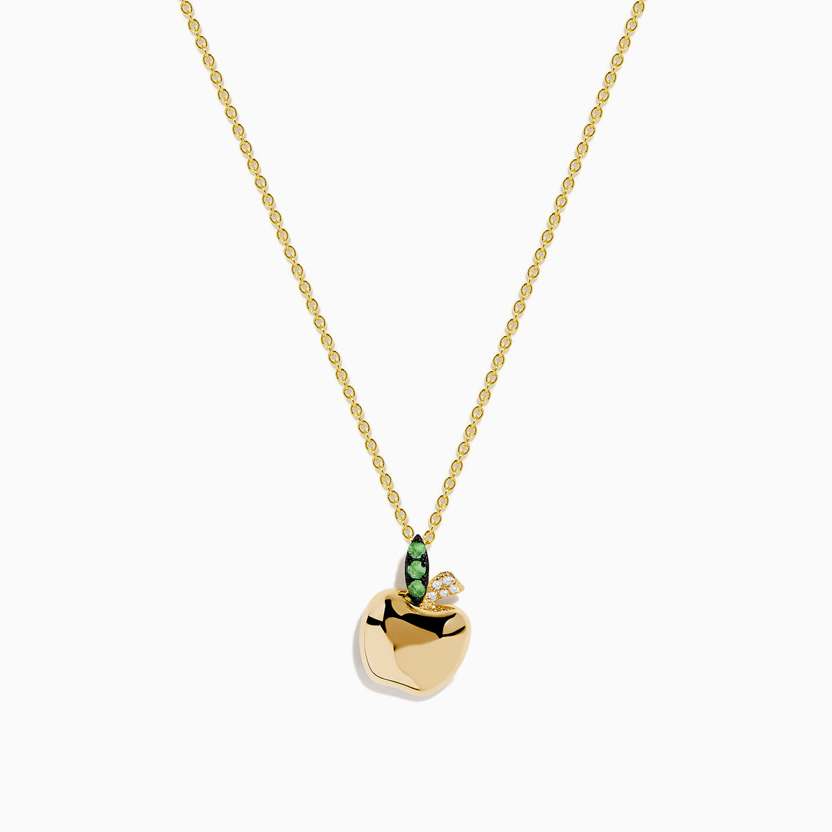The Nature 14K Yellow Gold Tsavorite and Diamond Apple Pendant features a chain, apple-shaped pendant with a tsavorite green leaf and diamond detail above the apple, displayed on a white background.
