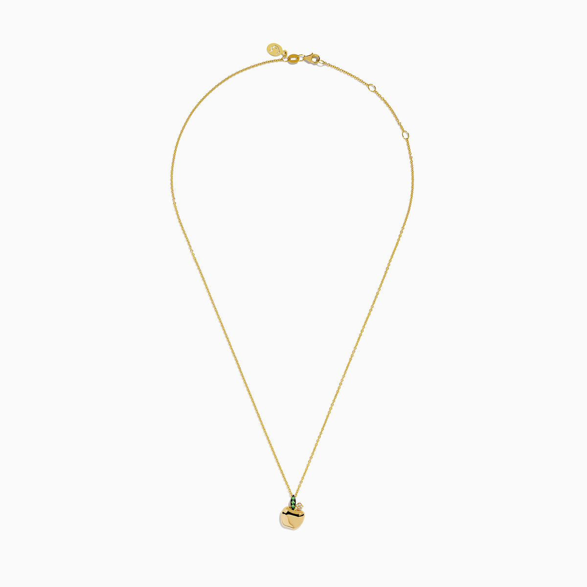 The Nature 14K Yellow Gold Tsavorite and Diamond Apple Pendant features a chain, apple-shaped pendant with a tsavorite green leaf and diamond detail above the apple, displayed on a white background.