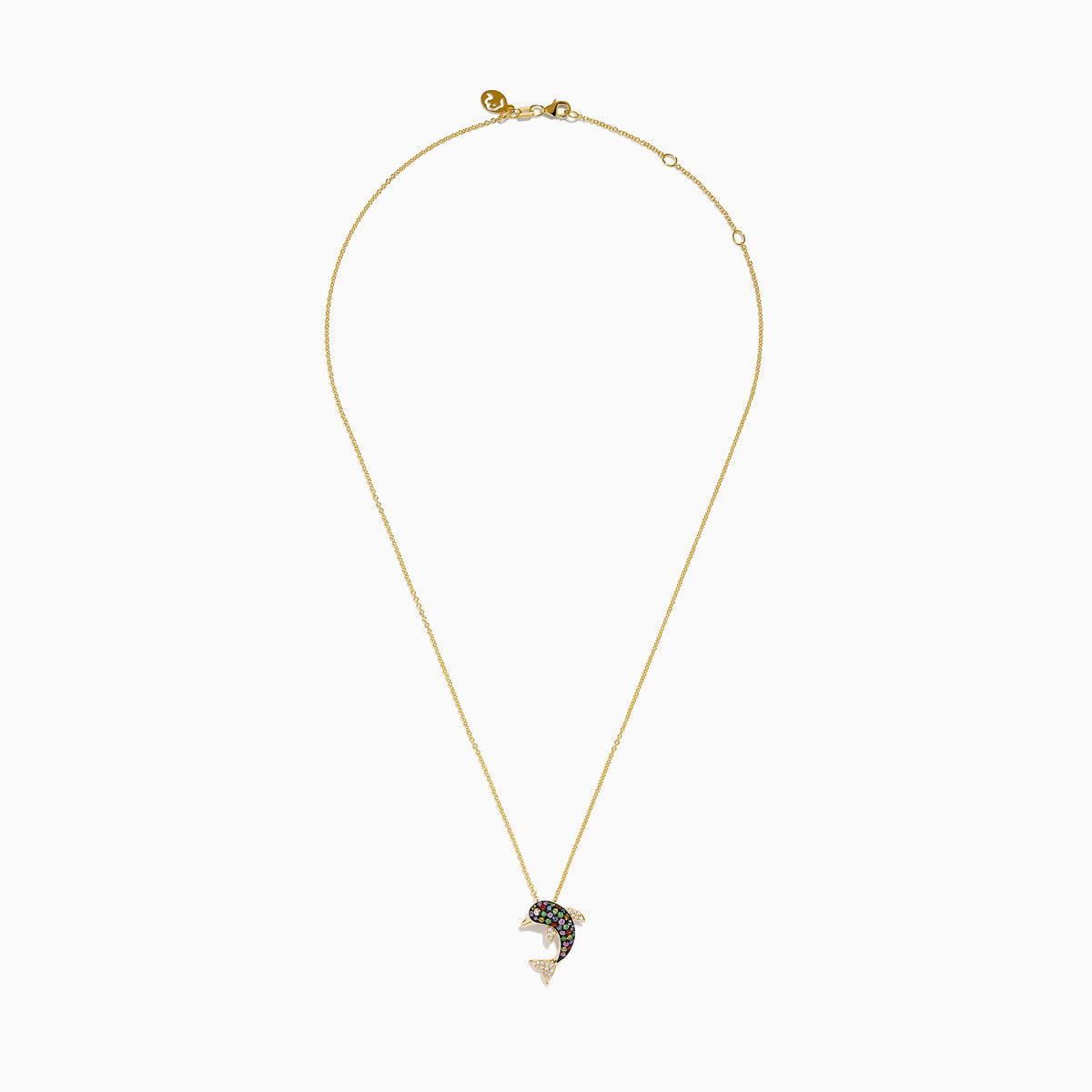 The Watercolors 14K Yellow Gold Multi Sapphire and Diamond Dolphin Pendant features a yellow gold chain and a dolphin adorned with multicolored sapphires on the body and diamonds on the fins and tail.