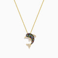 The Watercolors 14K Yellow Gold Multi Sapphire and Diamond Dolphin Pendant features a yellow gold chain and a dolphin adorned with multicolored sapphires on the body and diamonds on the fins and tail.