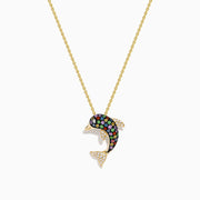The Watercolors 14K Yellow Gold Multi Sapphire and Diamond Dolphin Pendant features a yellow gold chain and a dolphin adorned with multicolored sapphires on the body and diamonds on the fins and tail.