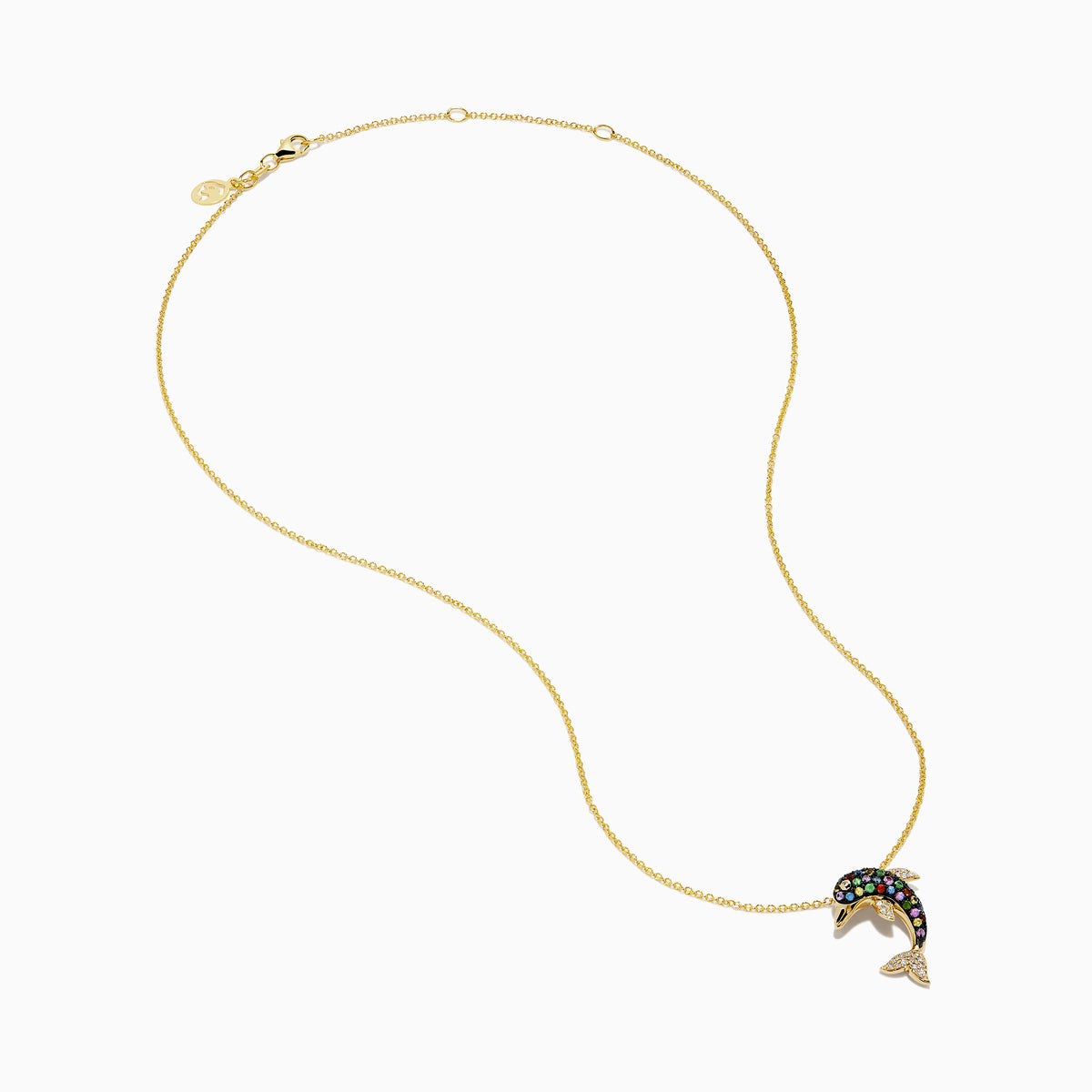 The Watercolors 14K Yellow Gold Multi Sapphire and Diamond Dolphin Pendant features a yellow gold chain and a dolphin adorned with multicolored sapphires on the body and diamonds on the fins and tail.