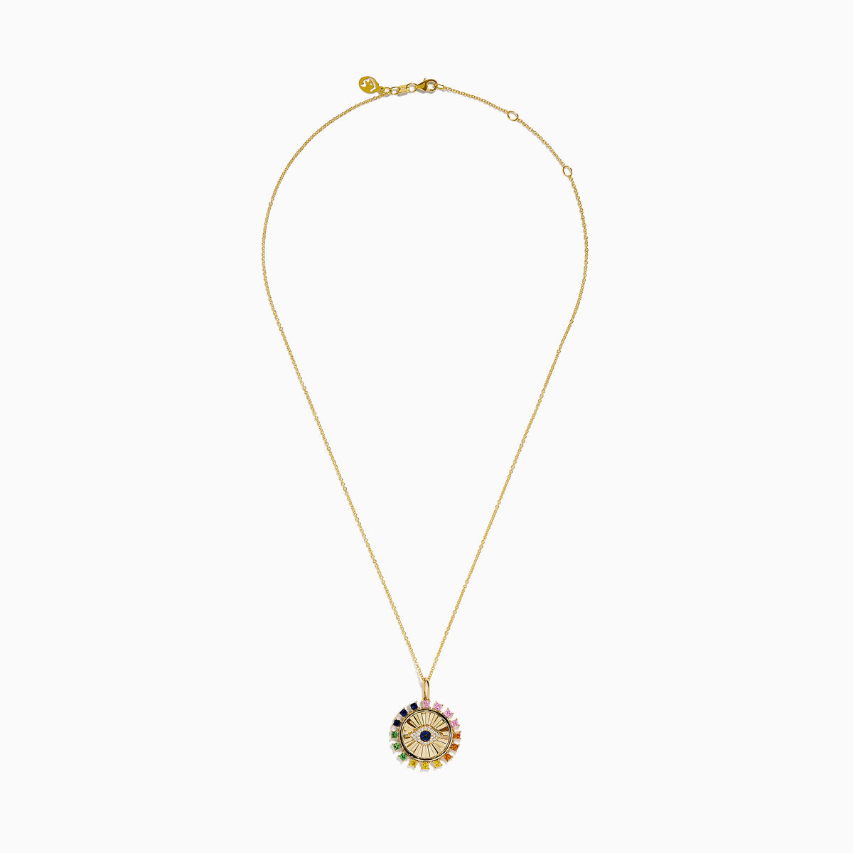 The Watercolors 14K Yellow Gold Multi Sapphire and Diamond Evil Eye Pendant features a central blue eye, radiant rainbow-hued sapphires, and sparkling diamonds set in 14K yellow gold.