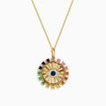 The Watercolors 14K Yellow Gold Multi Sapphire and Diamond Evil Eye Pendant features a central blue eye, radiant rainbow-hued sapphires, and sparkling diamonds set in 14K yellow gold.