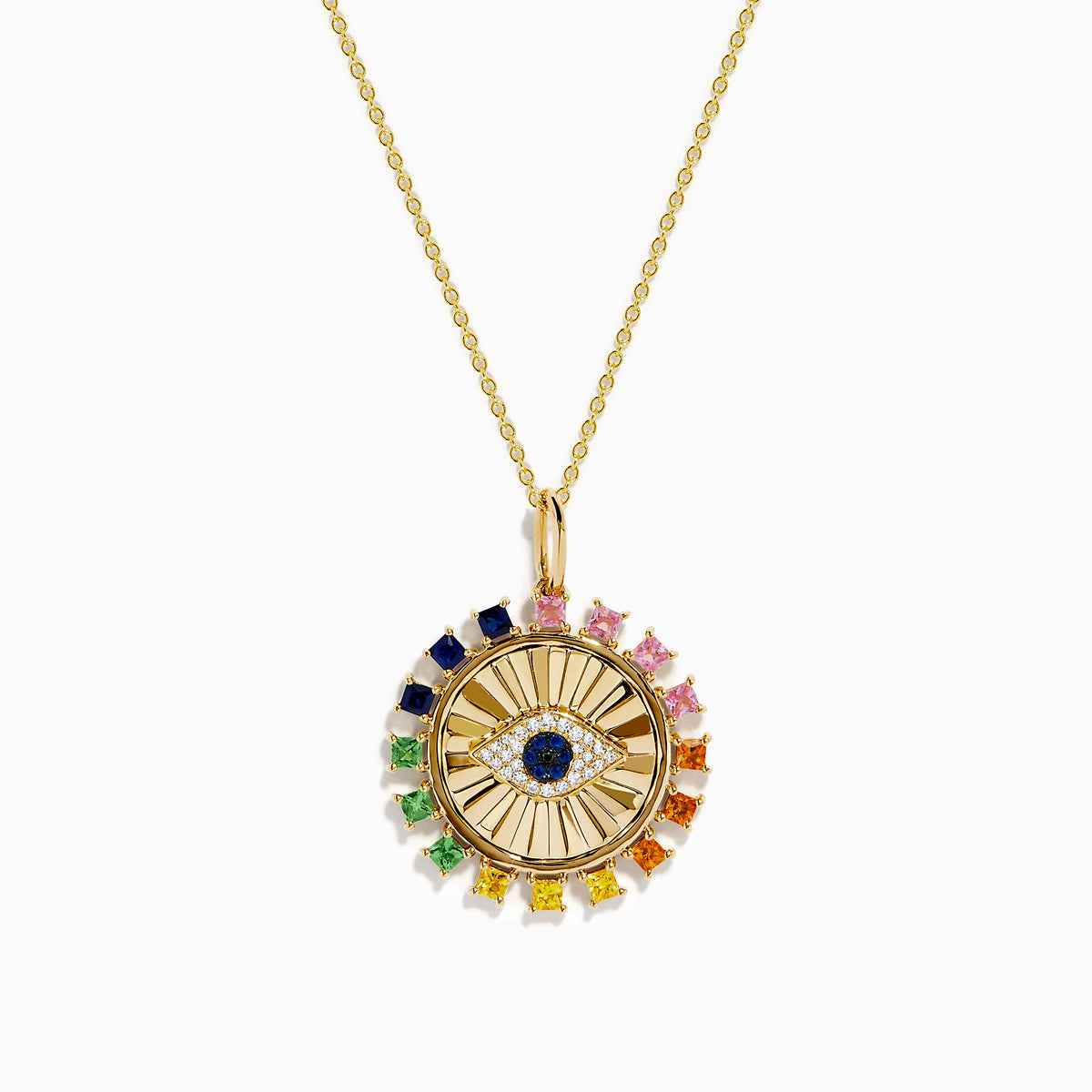 The Watercolors 14K Yellow Gold Multi Sapphire and Diamond Evil Eye Pendant features a central blue eye, radiant rainbow-hued sapphires, and sparkling diamonds set in 14K yellow gold.