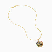The Watercolors 14K Yellow Gold Multi Sapphire and Diamond Evil Eye Pendant features a central blue eye, radiant rainbow-hued sapphires, and sparkling diamonds set in 14K yellow gold.