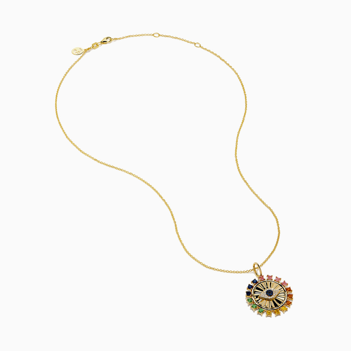 The Watercolors 14K Yellow Gold Multi Sapphire and Diamond Evil Eye Pendant features a central blue eye, radiant rainbow-hued sapphires, and sparkling diamonds set in 14K yellow gold.