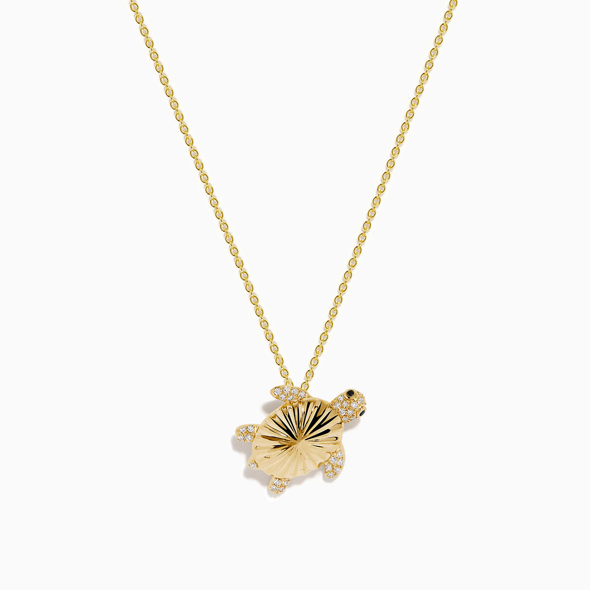 The 14K Yellow Gold Diamond Fluted Shell Turtle Pendant features a turtle-shaped design with fluted shell detailing and sparkling diamond accents, shown against a white background.