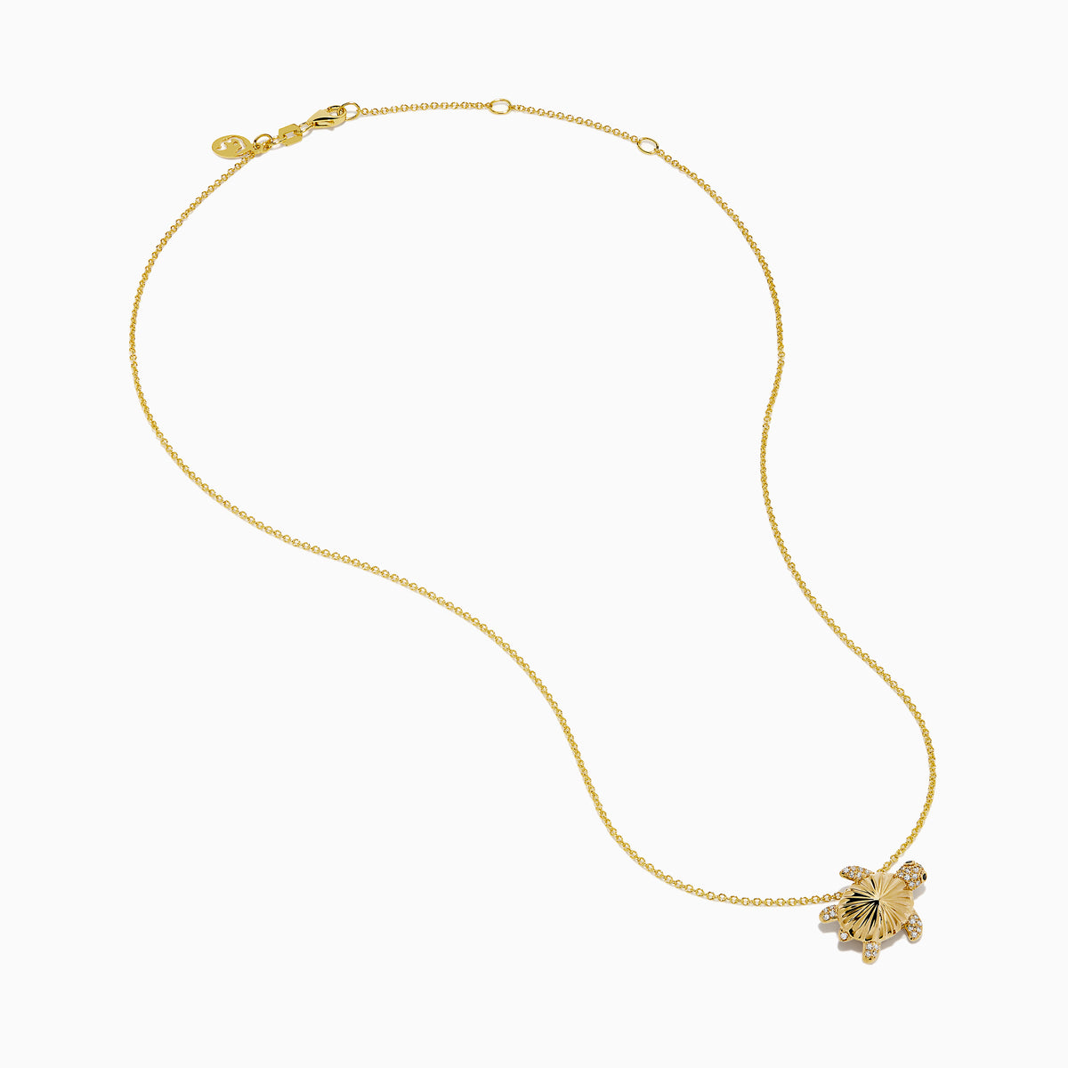 The 14K Yellow Gold Diamond Fluted Shell Turtle Pendant features a turtle-shaped design with fluted shell detailing and sparkling diamond accents, shown against a white background.