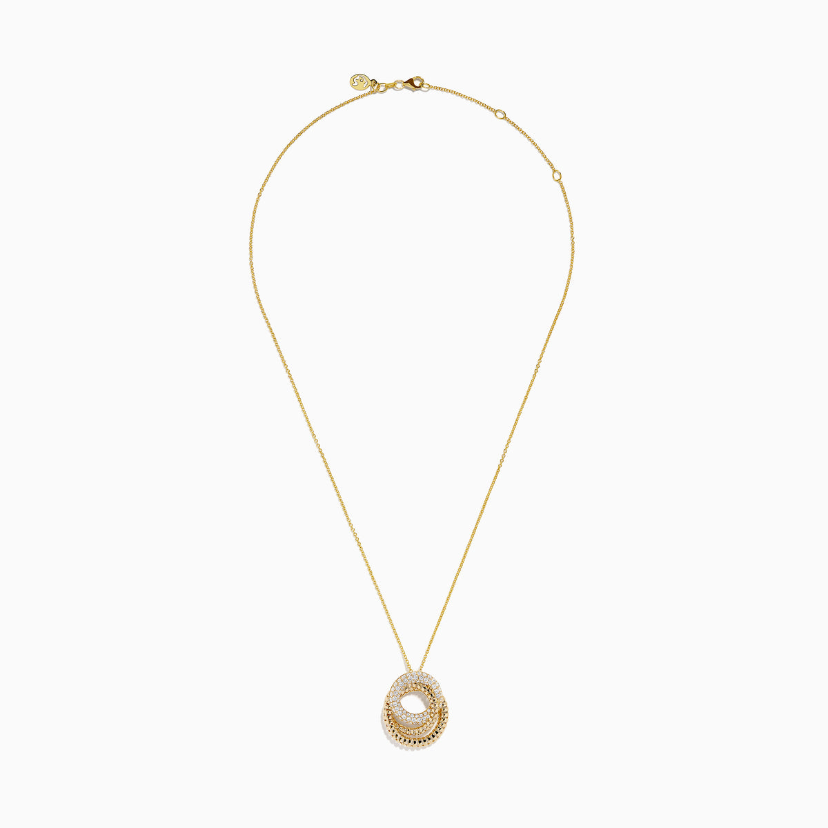 The 14K Yellow Gold Diamond Interlocking Double Circle Pendant features two connected circles—one smooth with diamonds, the other textured—suspended from a delicate gold chain for an elegant look.